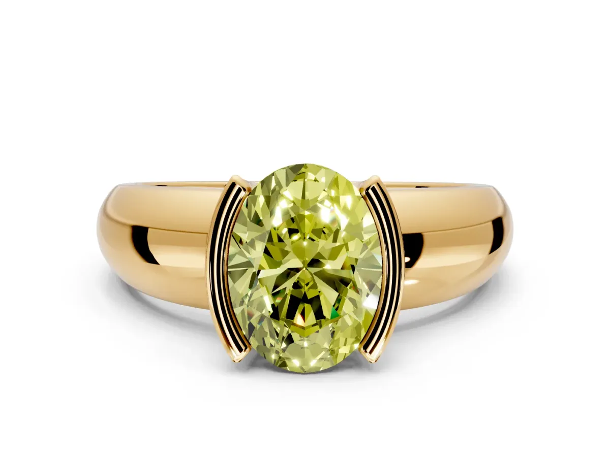 Tension Engagement Ring Setting for Fancy Yellow Oval Center with Wide Flat Band and Tension Head in Yellow Gold