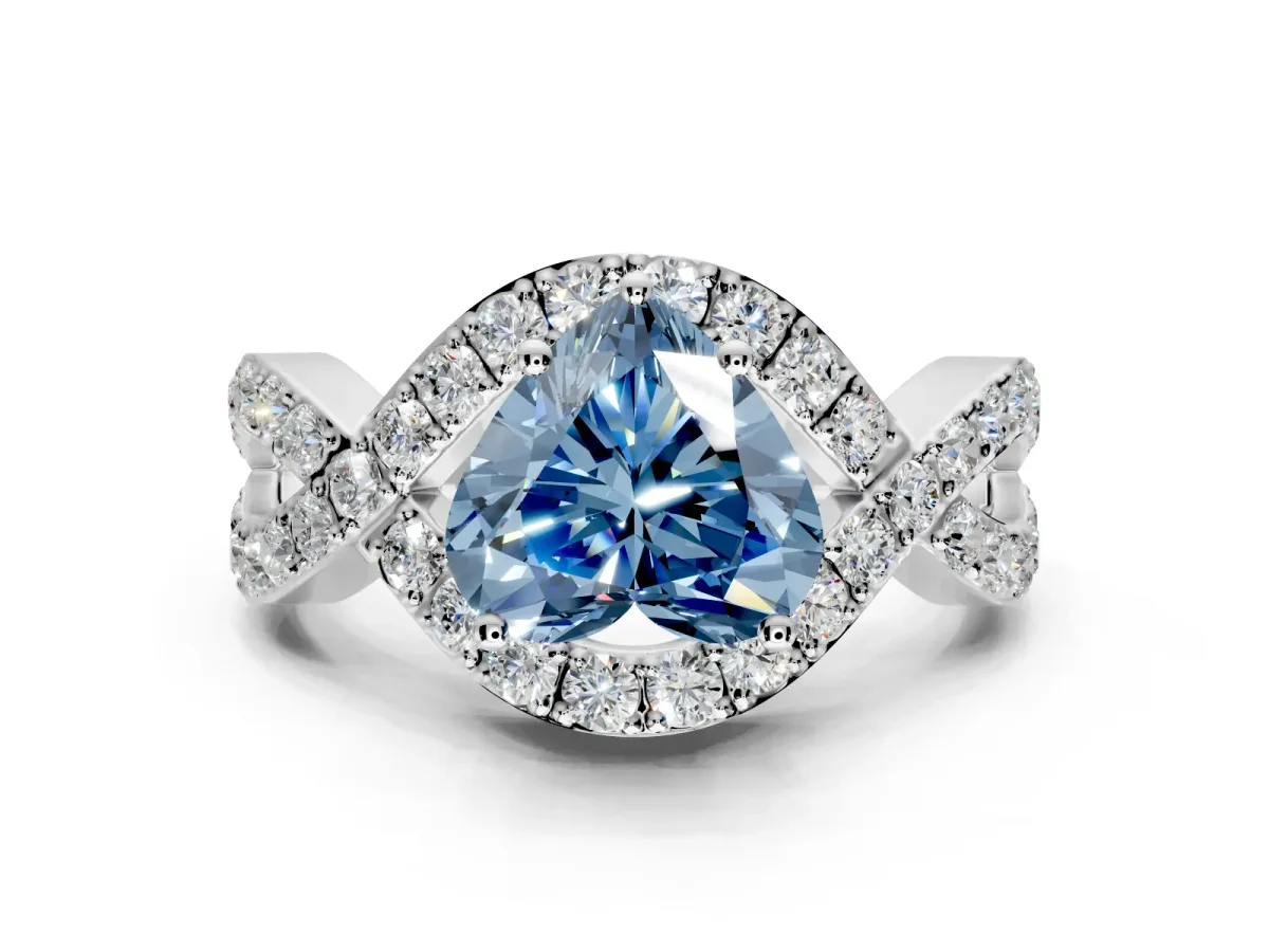 Halo Engagement Ring Setting for Fancy Blue Heart-Shaped Center with Pave Infinity Twist Band and Prong Head in White Gold