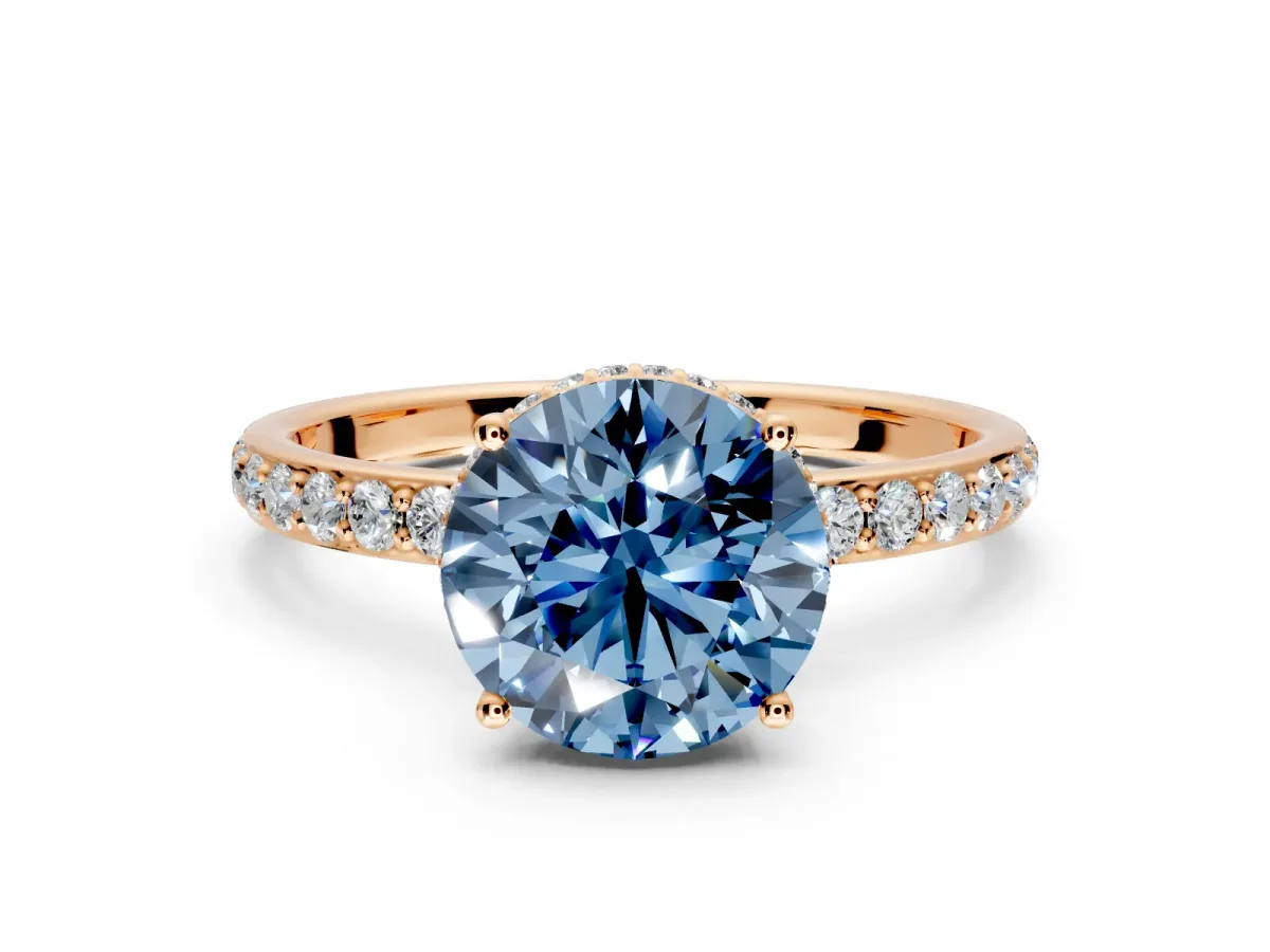 Hidden Halo Engagement Ring Setting for Fancy Blue Round Cut Center with Pave Band and Prong Head in Rose Gold