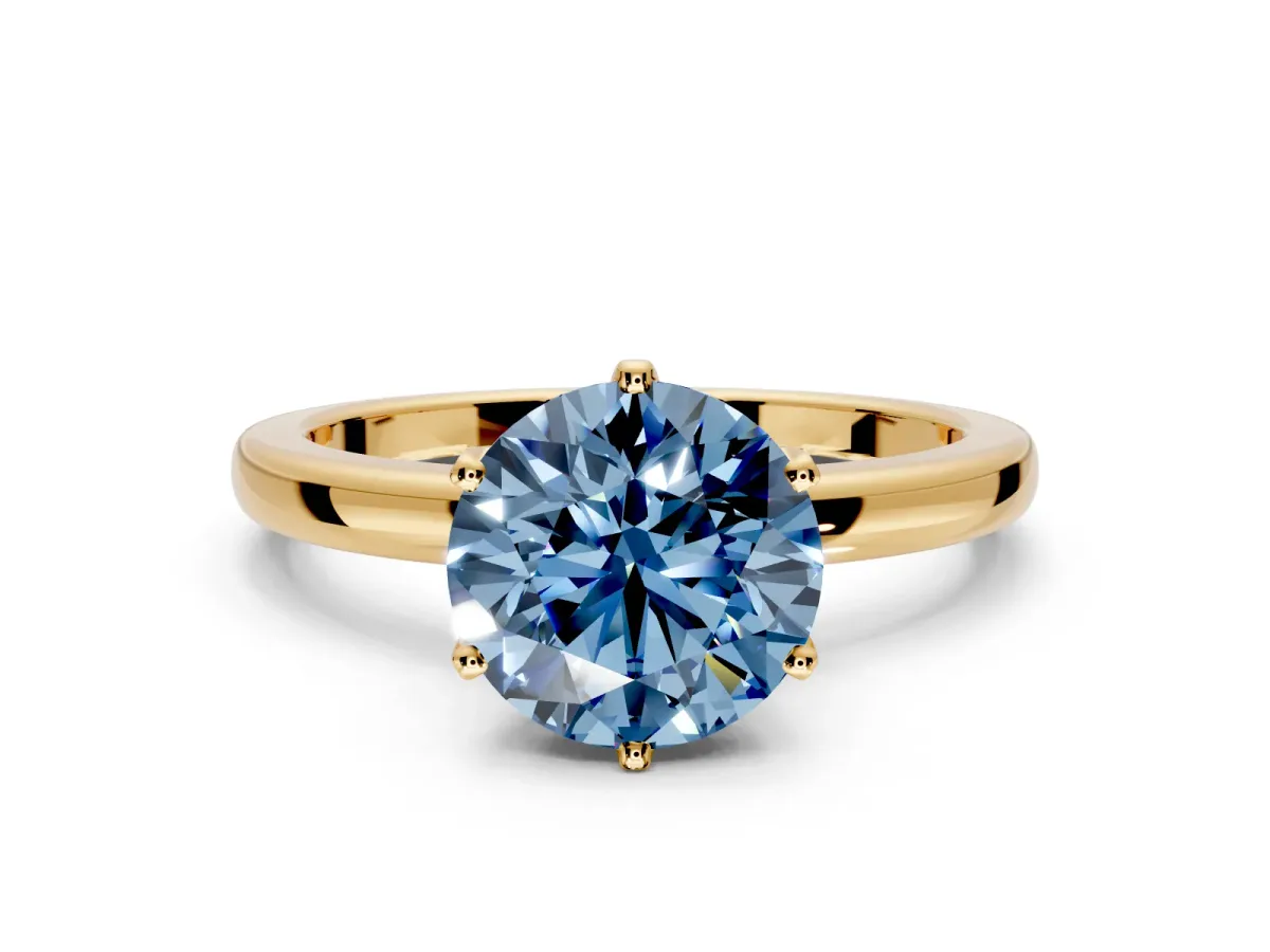 Solitaire Engagement Ring Setting for Fancy Blue Round Cut Center with Plain Band and Tulip Prong Head in Yellow Gold