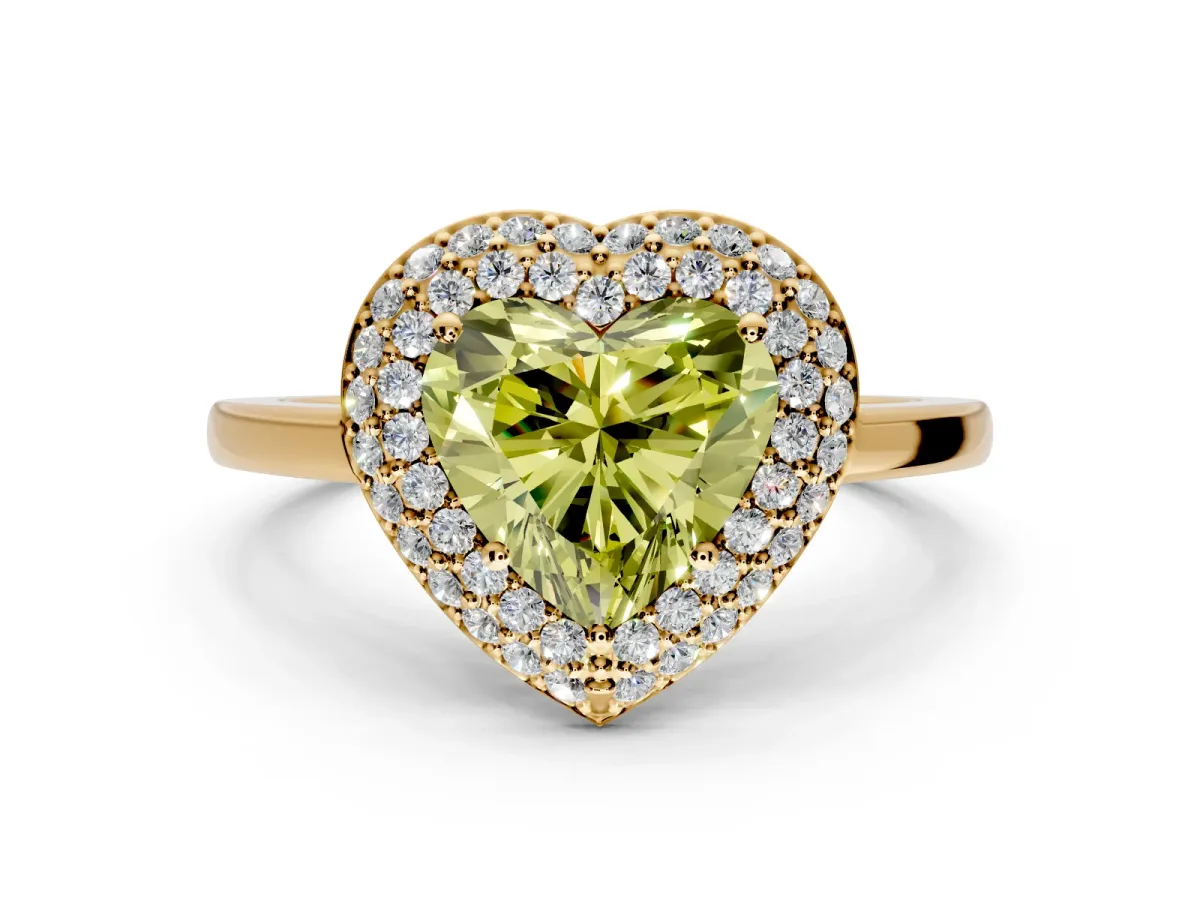 Halo Engagement Ring Setting for Fancy Yellow Heart-Shaped Center with Plain Tapered Band and Prong Head in Yellow Gold