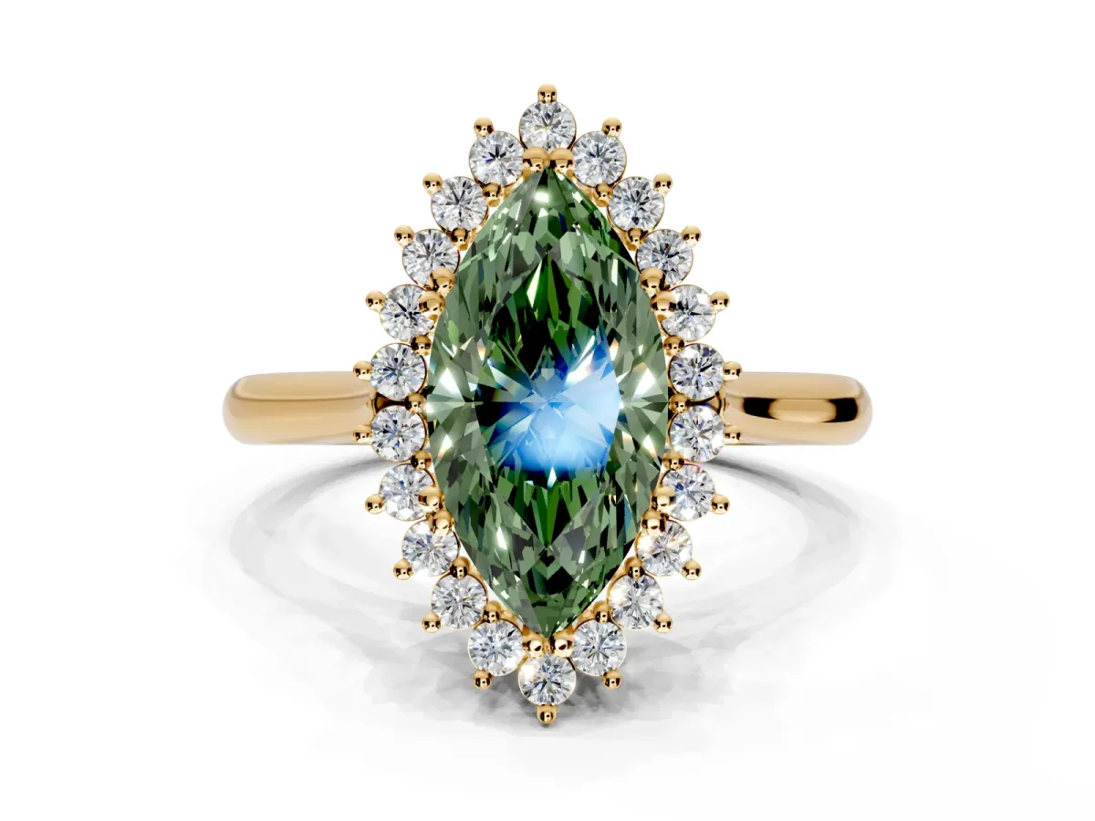 Starburst Halo Engagement Ring Setting for Fancy Green Marquise Center with Thin Round-Wire Band and Prong Head in Yellow Gold