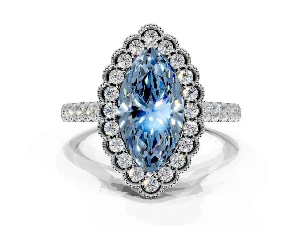 Milgrain Floral Halo Engagement Ring Setting for Fancy Blue Marquise Center with Pave Band and Prong Head in Sterling Silver