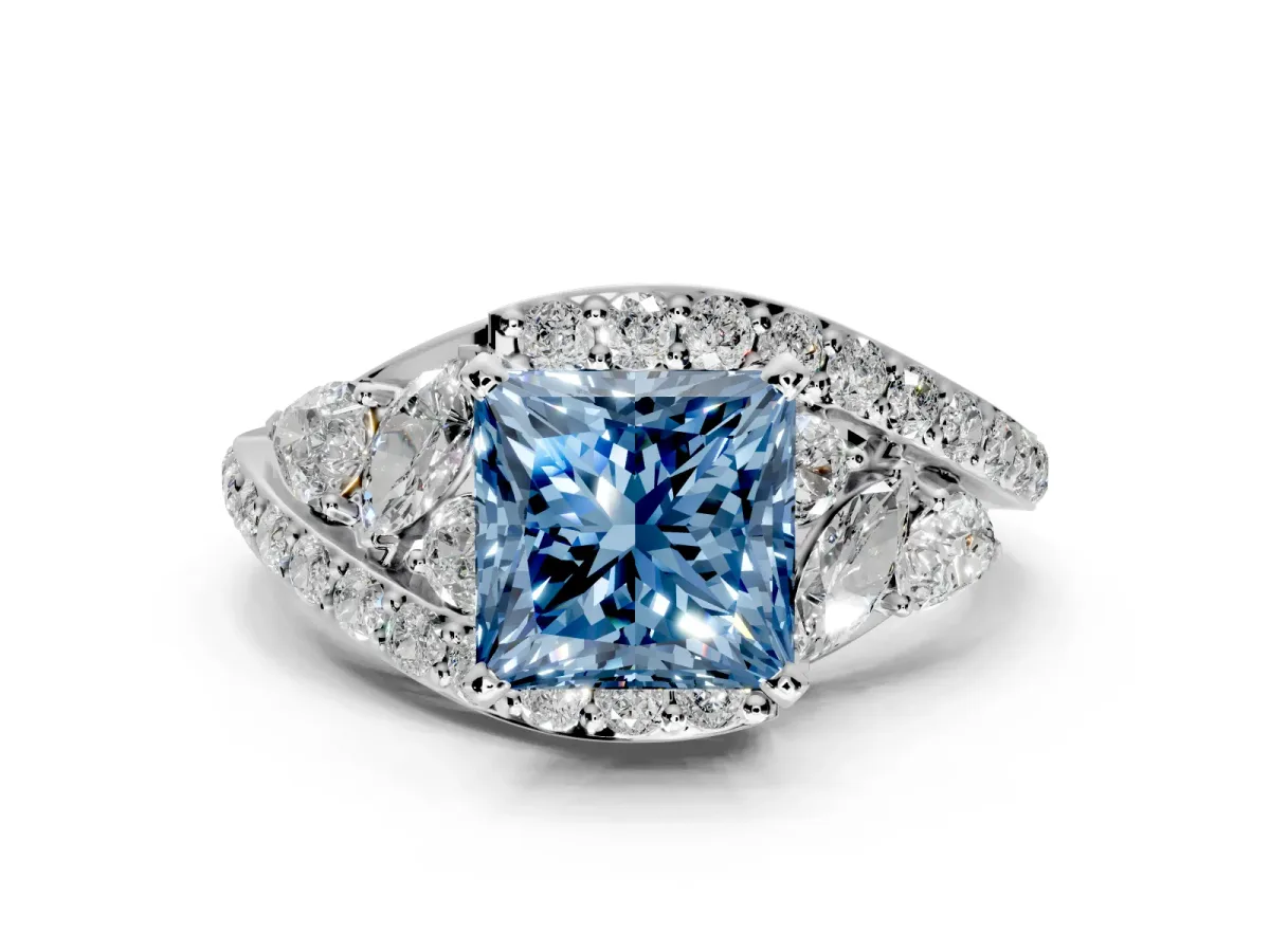 Halo Engagement Ring Setting for Fancy Blue Princess Cut Center with Marquise and Pave Bypass Band and Prong Head in White Gold