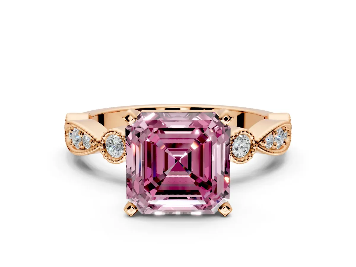 Solitaire Engagement Ring Setting for Fancy Pink Asscher Cut Center with Milgrain Bezel Accents and Prong Head in Rose Gold