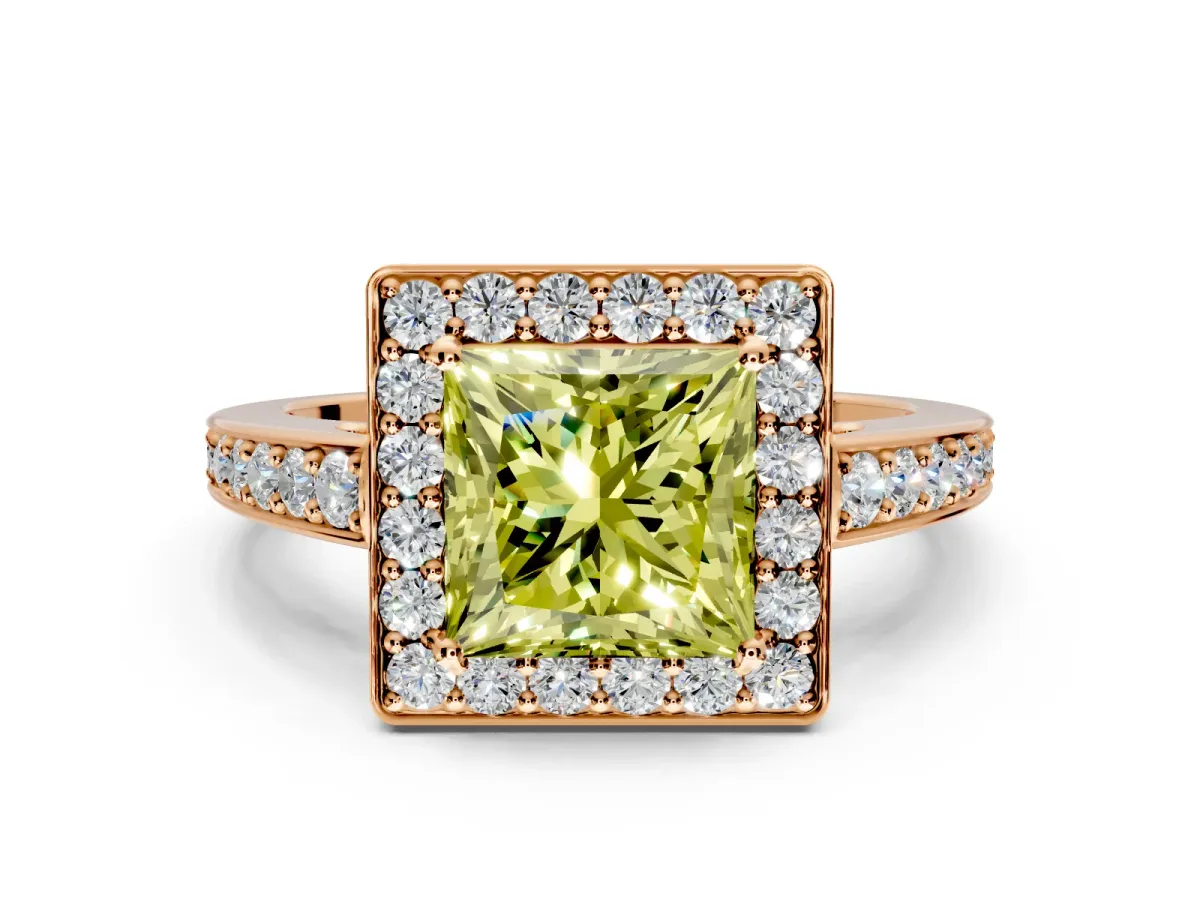 Bezel-Framed Halo Engagement Ring Setting for Fancy Yellow Princess Cut Center with Pave Band and Prong Head in Rose Gold