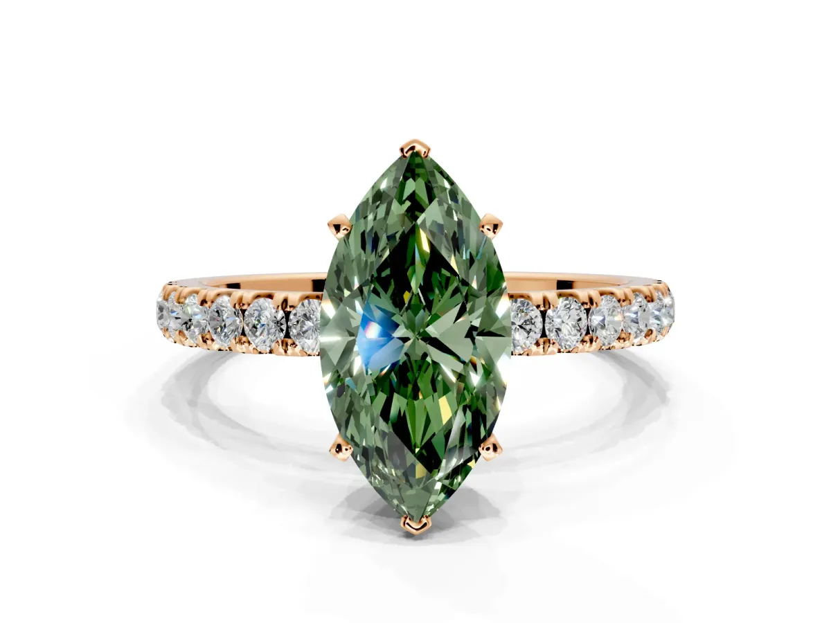 Open Basket Engagement Ring Setting for Fancy Green Marquise Center with Pave Band and Prong Head in Rose Gold