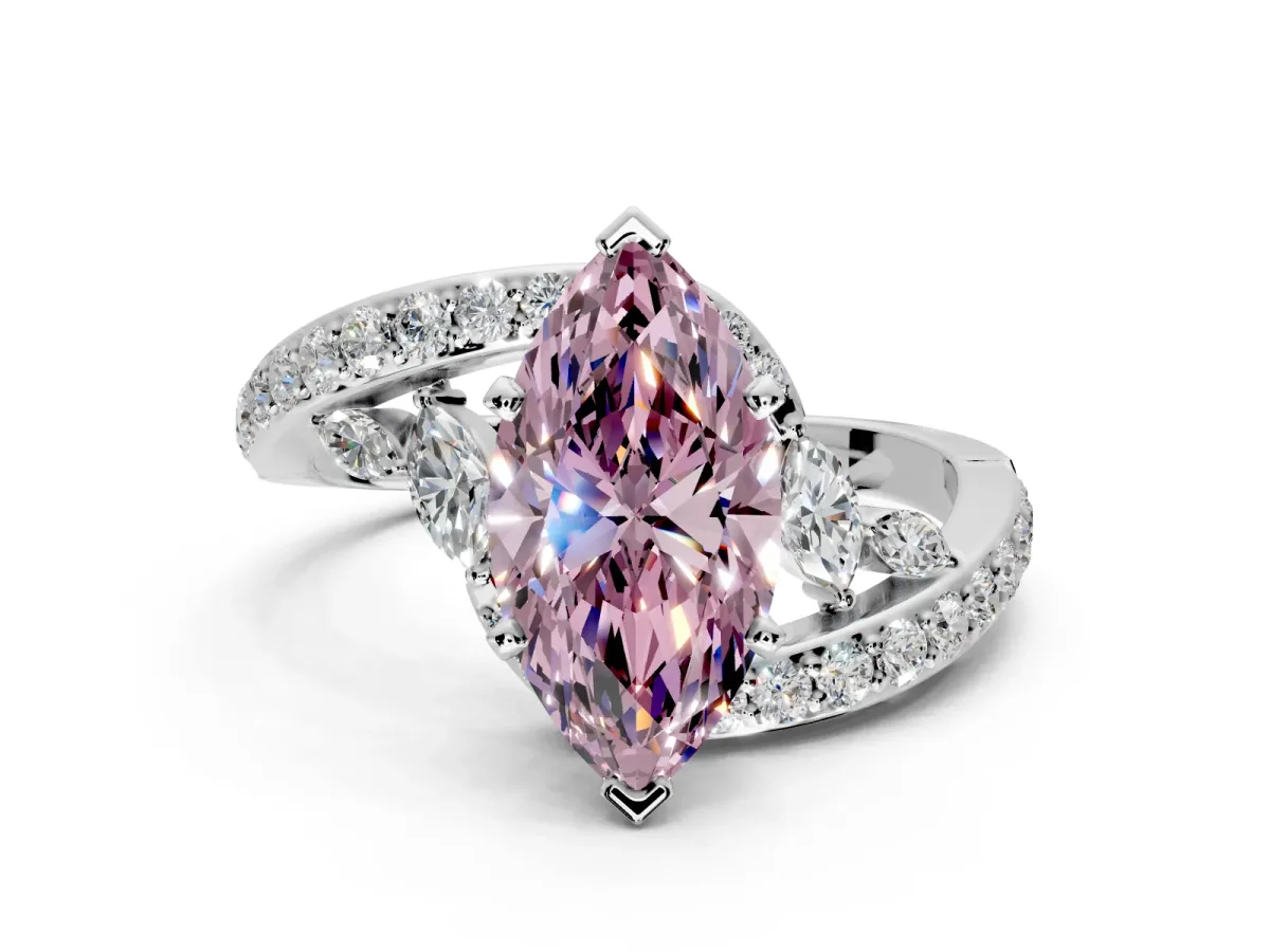 Solitaire Engagement Ring Setting for Fancy Pink Marquise Center with Pave Bypass Twist Band and Prong Head in Platinum