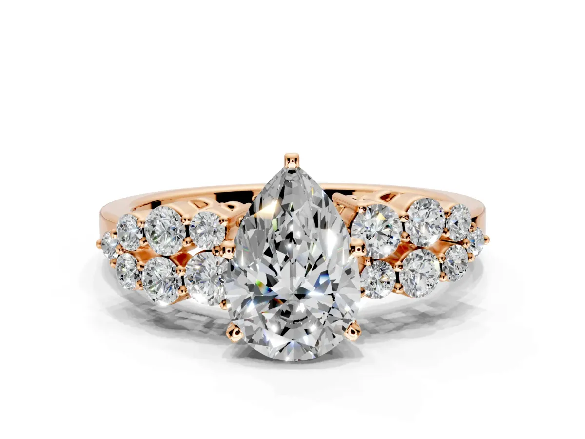 Cluster Engagement Ring Setting for Pear-Shaped Center with 2-Row Shoulder Clusters and Prong Head in Rose Gold