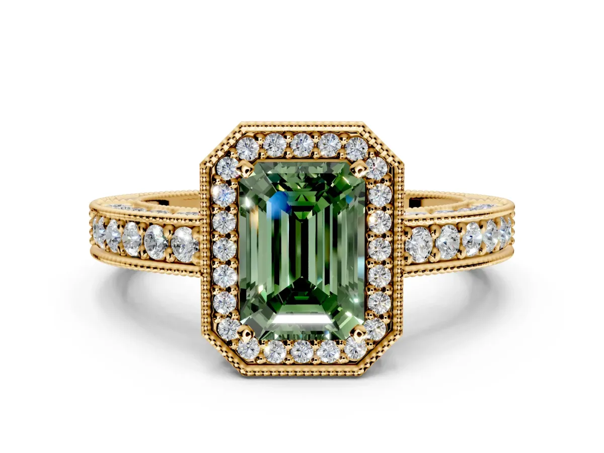 Milgrain Halo Engagement Ring Setting for Fancy Green Emerald Cut Center with Wide Pave Band and Prong Head in Yellow Gold