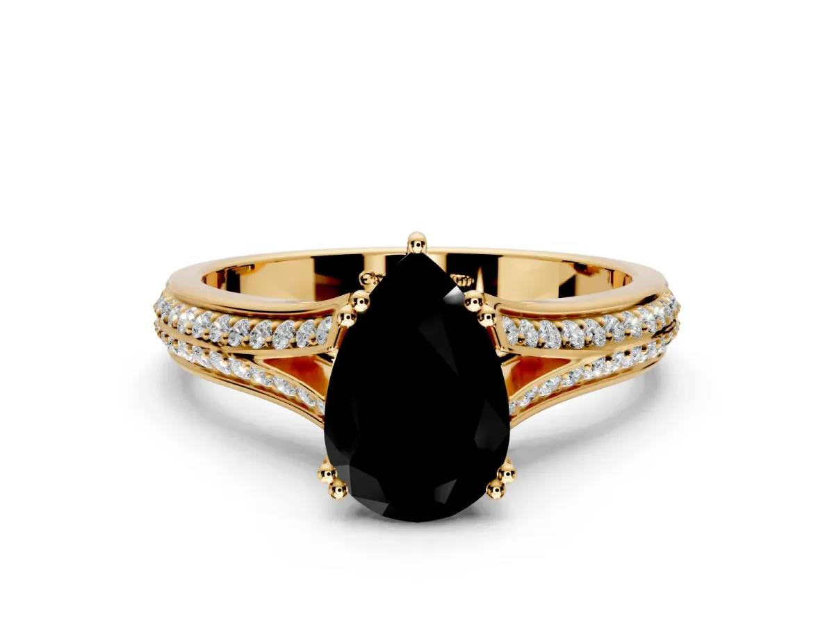 Solitaire Engagement Ring Setting for Fancy Black Pear-Shaped Center with Pave Rail Split Shank and Prong Head in Yellow Gold