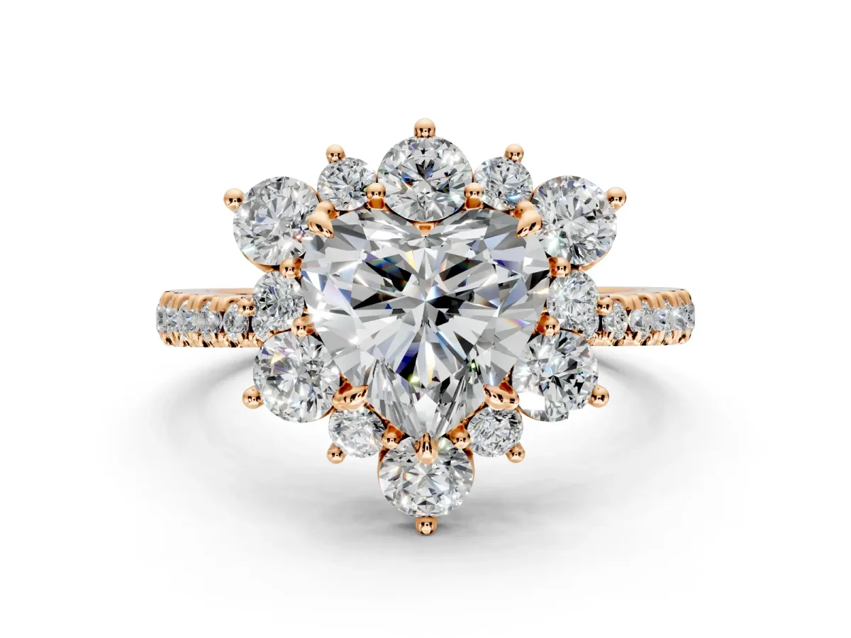 Floral Halo Engagement Ring Setting for Heart-Shaped Center with Pave Accents and Prong Head in Rose Gold