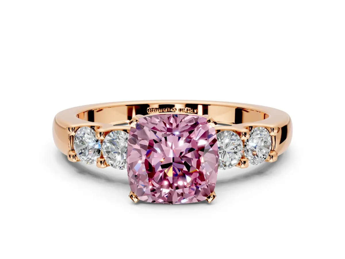 5 Stone Engagement Ring Setting for Fancy Pink Cushion Cut Center with Plain Band and Prong Head in Rose Gold