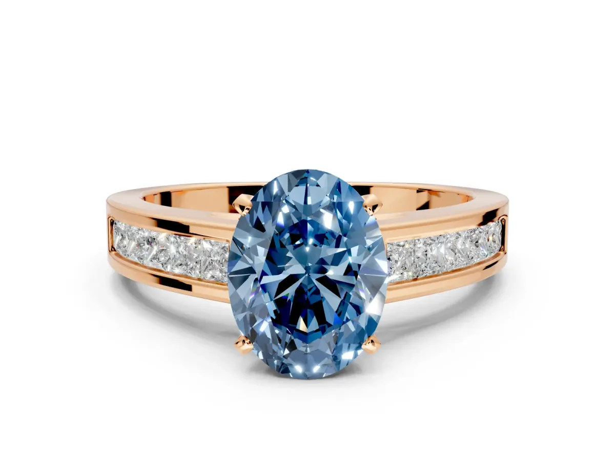 Solitaire Engagement Ring Setting for Fancy Blue Oval Center with Princess Cut Channel Band and Prong Head in Rose Gold