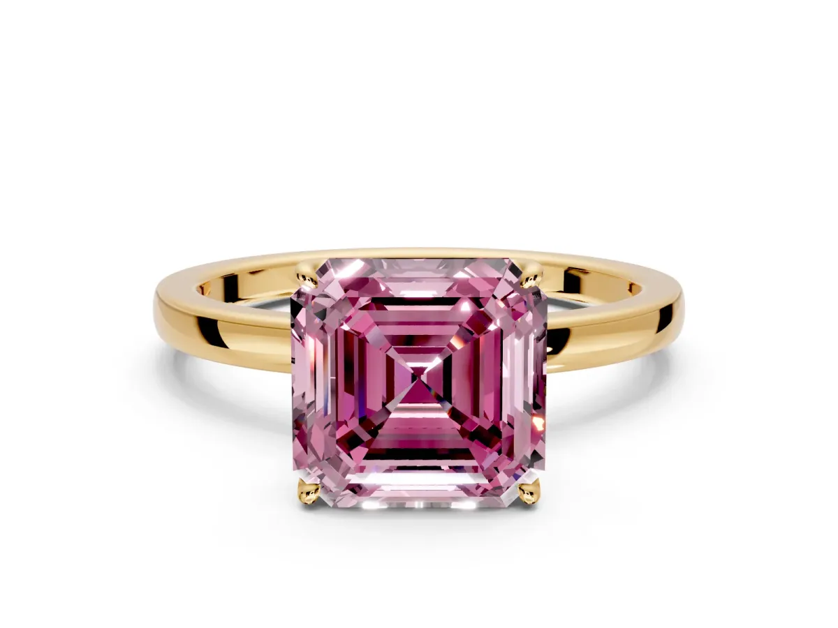 Solitaire Engagement Ring Setting for Fancy Pink Asscher Cut Center with Thin Rounded Plain Band and Prong Head in Yellow Gold