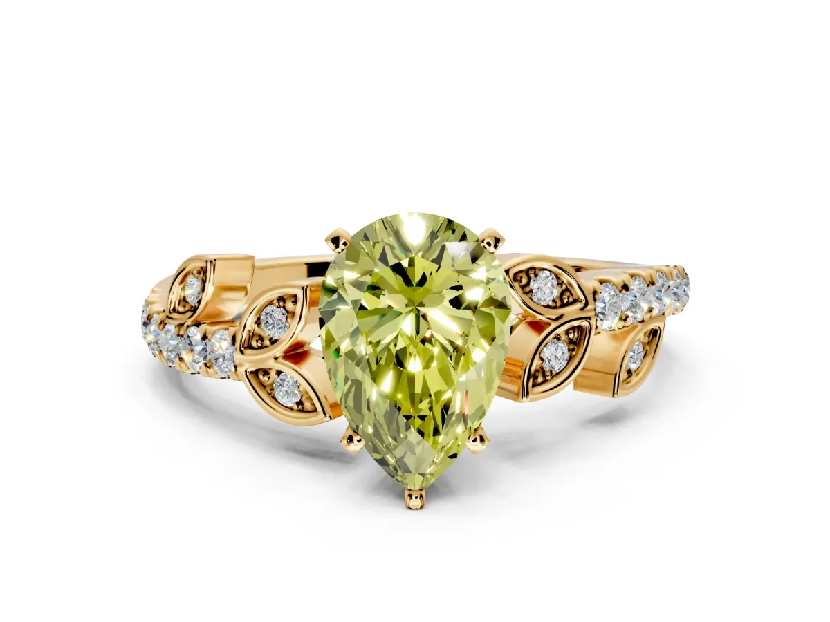 Leaf Motif Engagement Ring Setting for Fancy Yellow Pear-Shaped Center with Pave Band and Prong Head in Yellow Gold