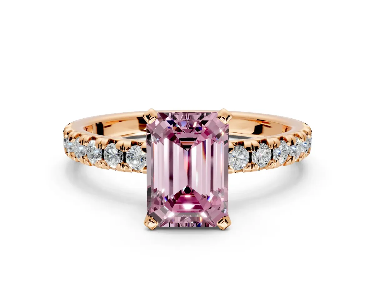 Solitaire Engagement Ring Setting for Fancy Pink Emerald Cut Center with Large Accents and Prong Head in Rose Gold