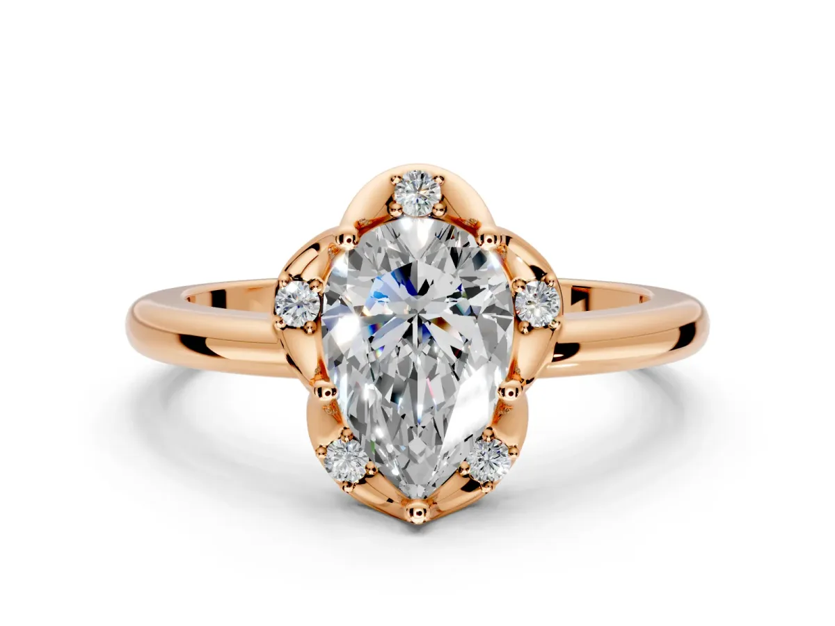 Floral Frame Engagement Ring Setting for Pear-Shaped Center with Accent Clusters and Prong Head in Rose Gold