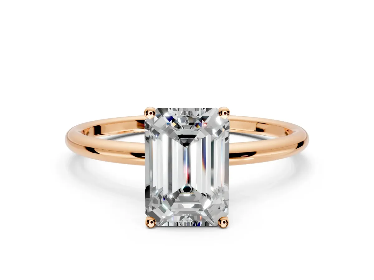 Solitaire Engagement Ring Setting for Emerald Cut Center with Straight Thin Band and Prong Head in Rose Gold