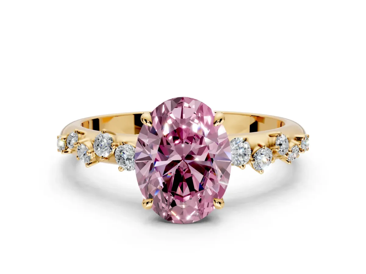 Cluster Engagement Ring Setting for Fancy Pink Oval Center with Round Cut Accent Band and Prong Head in Yellow Gold