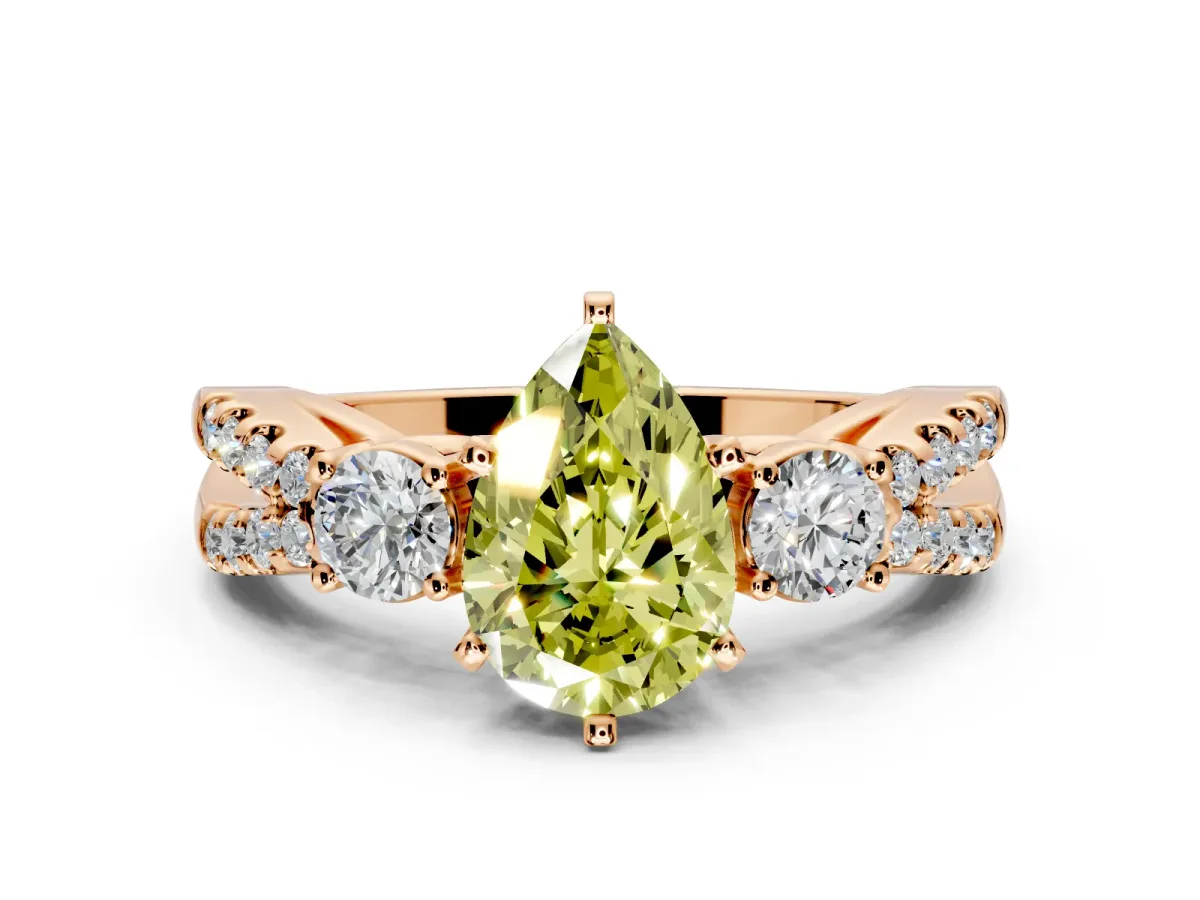 3 Stone Engagement Ring Setting for Fancy Yellow Pear-Shaped Center with Pave Split Shank and Prong Head in Rose Gold