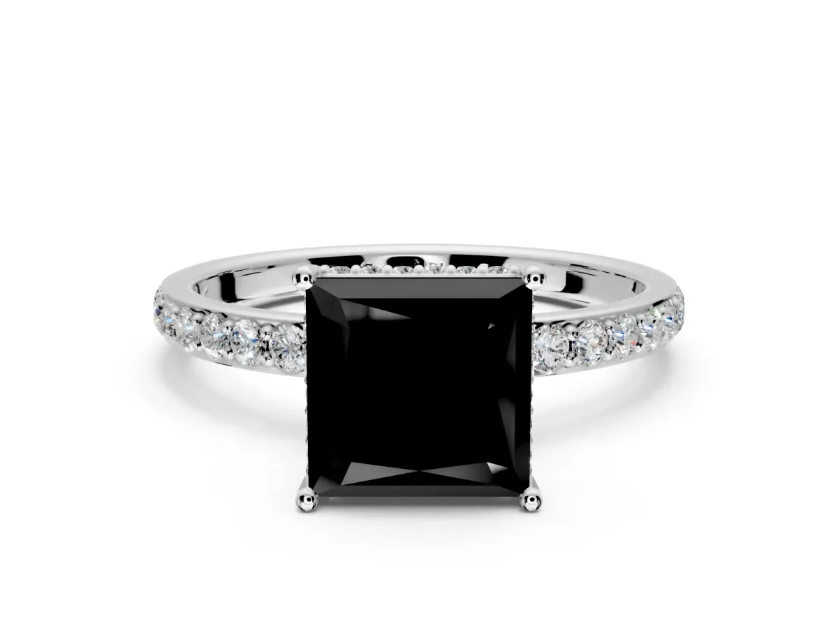 Hidden Halo Engagement Ring Setting for Fancy Black Princess Cut Center with Pave Band and Prong Head in Sterling Silver