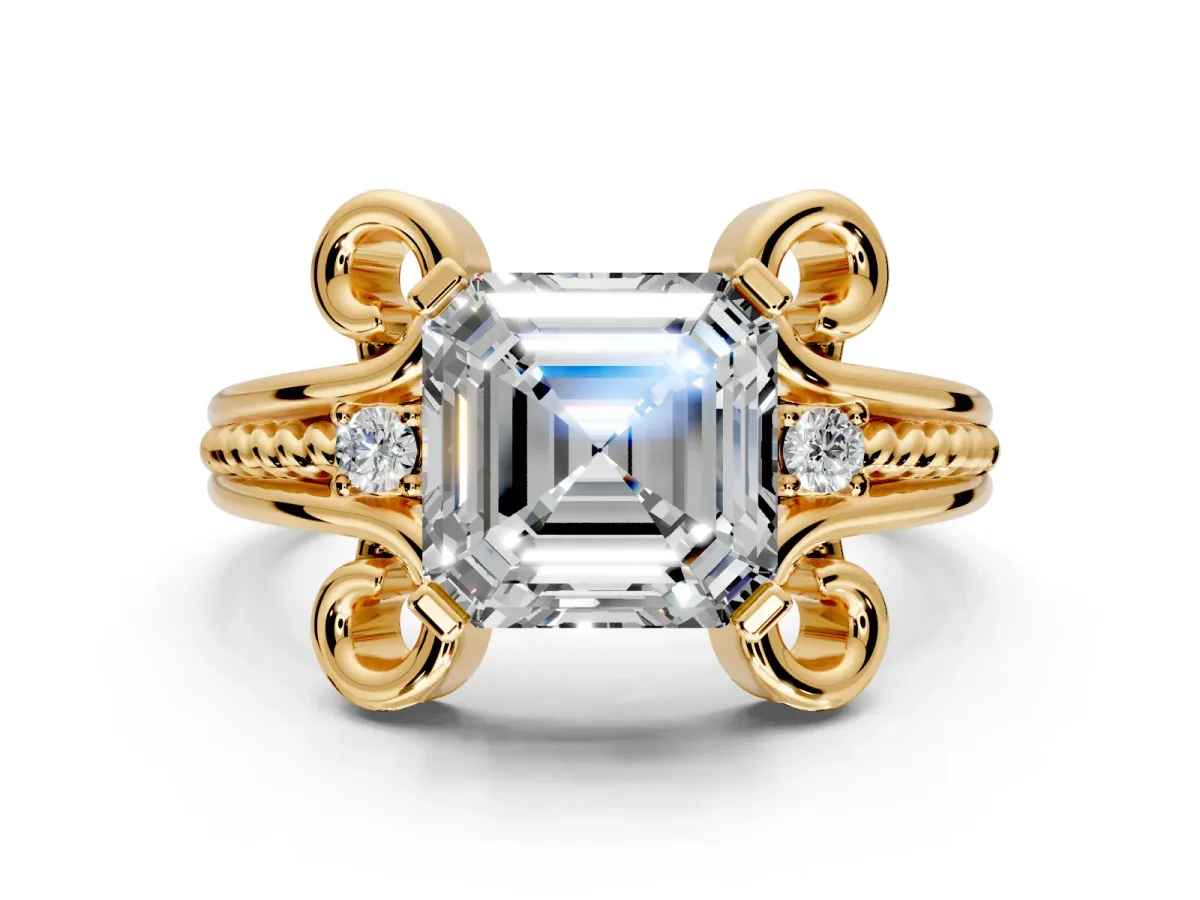 Solitaire Engagement Ring Setting for Asscher Cut Center with Twisted Band and Scroll Prong Head in Yellow Gold