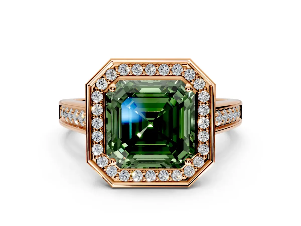 Halo Engagement Ring Setting for Fancy Green Asscher Cut Center with Outer Bezel Rim, Pave Band and Prong Head in Rose Gold