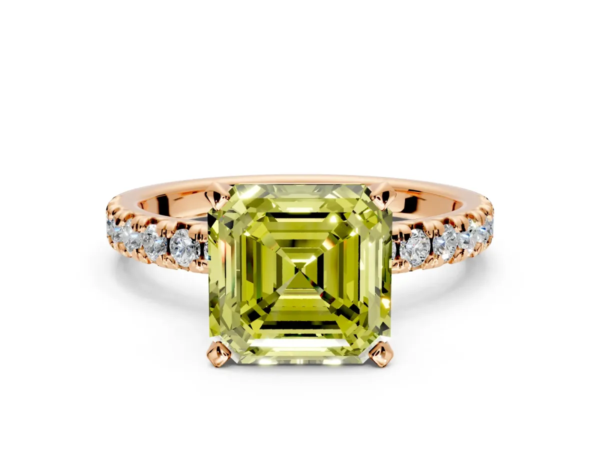 Solitaire Engagement Ring Setting for Fancy Yellow Asscher Cut Center with Large Accents and Prong Head in Rose Gold