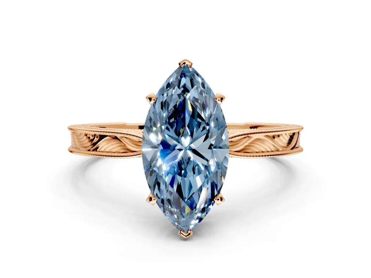 Solitaire Engagement Ring Setting for Fancy Blue Marquise Center with Engraved Milgrain Band and Prong Head in Rose Gold