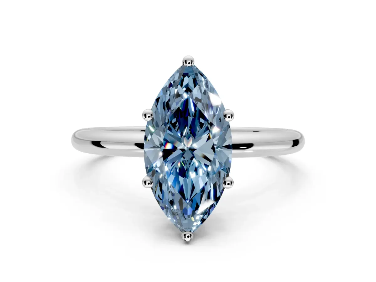 Hidden Halo Engagement Ring Setting for Fancy Blue Marquise Center with Thin Round-Wire Band and Prong Head in Platinum