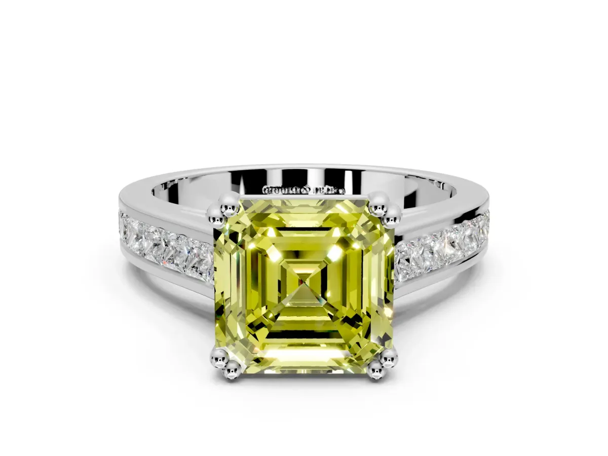 Solitaire Engagement Ring Setting for Fancy Yellow Asscher Cut Center with Channel Band and Double Claw Prong Head in Sterling Silver