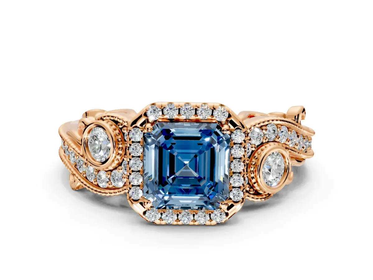 Milgrain Halo Engagement Ring Setting for Fancy Blue Asscher Cut Center with Shoulder Bezels and Prong Head in Rose Gold