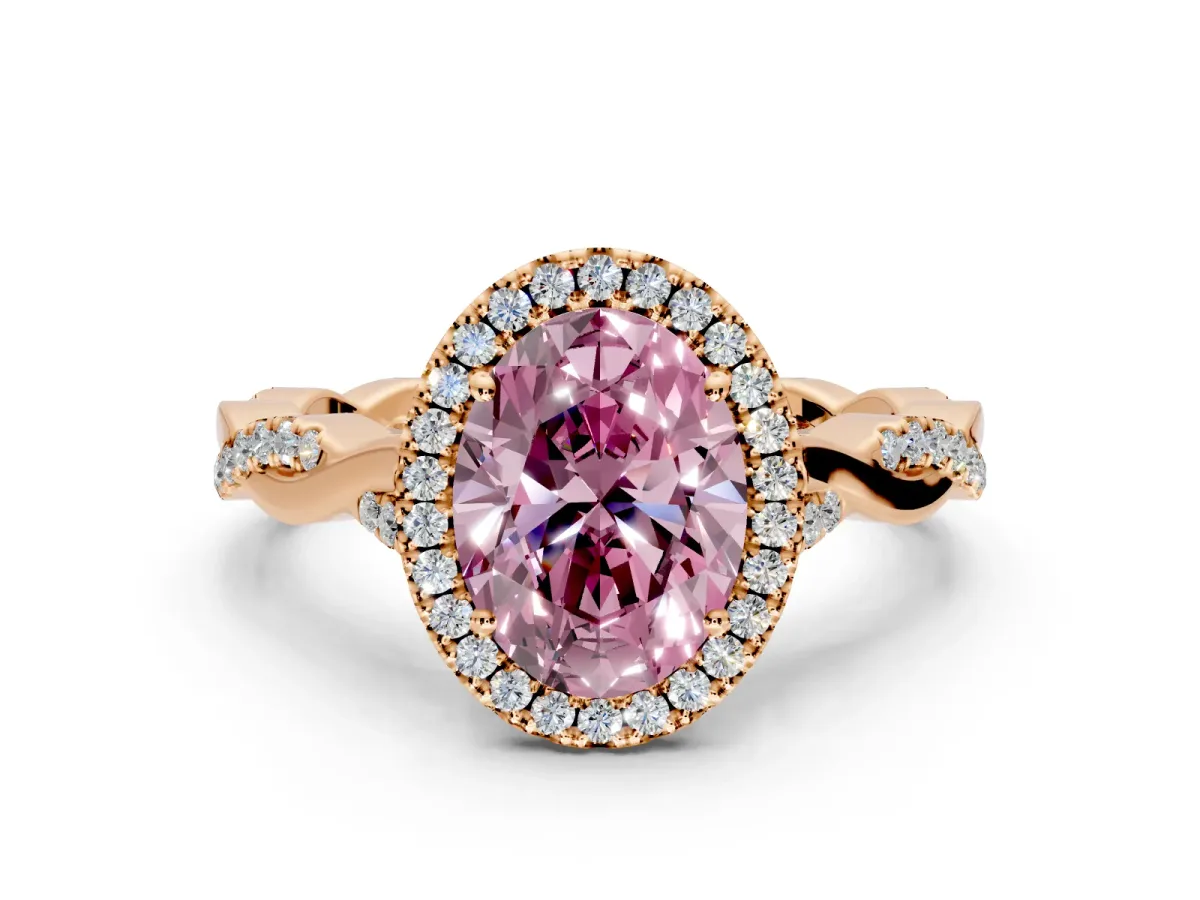 Halo Engagement Ring Setting for Fancy Pink Oval Center with Twist Band and Prong Head in Rose Gold