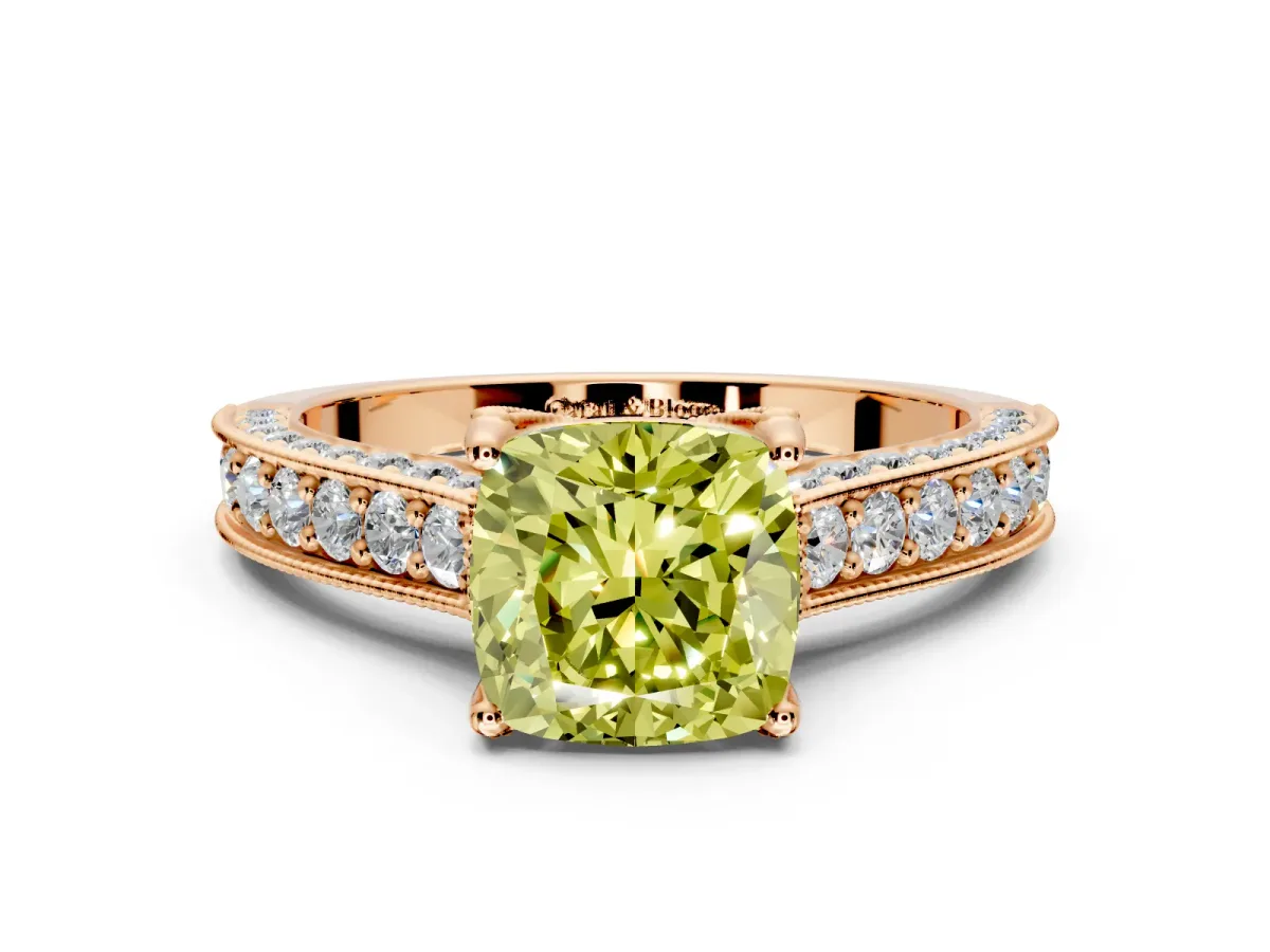 Solitaire Engagement Ring Setting for Fancy Yellow Cushion Cut Center with Milgrain-Framed Pave Band and Prong Head in Rose Gold