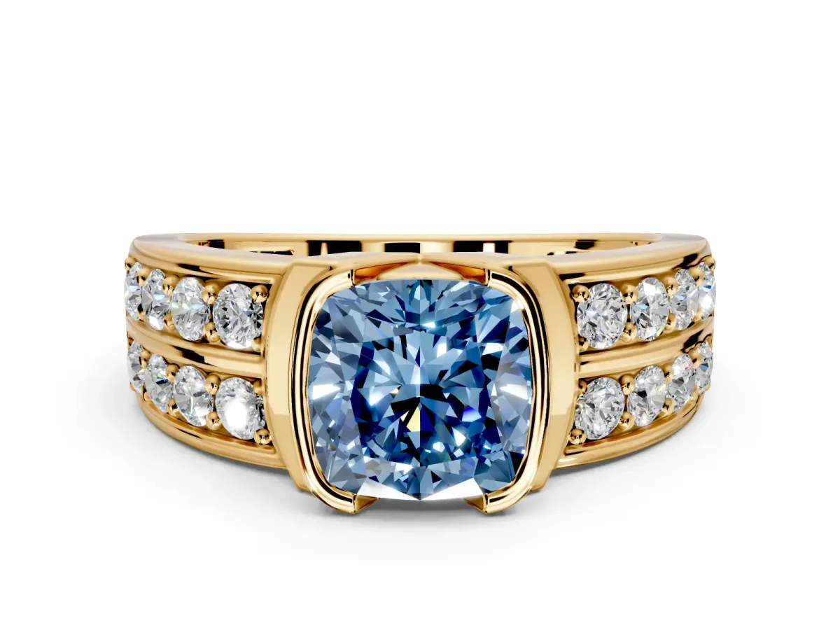 Bezel Engagement Ring Setting for Fancy Blue Cushion Cut Center with Wide Channel-Set Band and Bezel Head in Yellow Gold