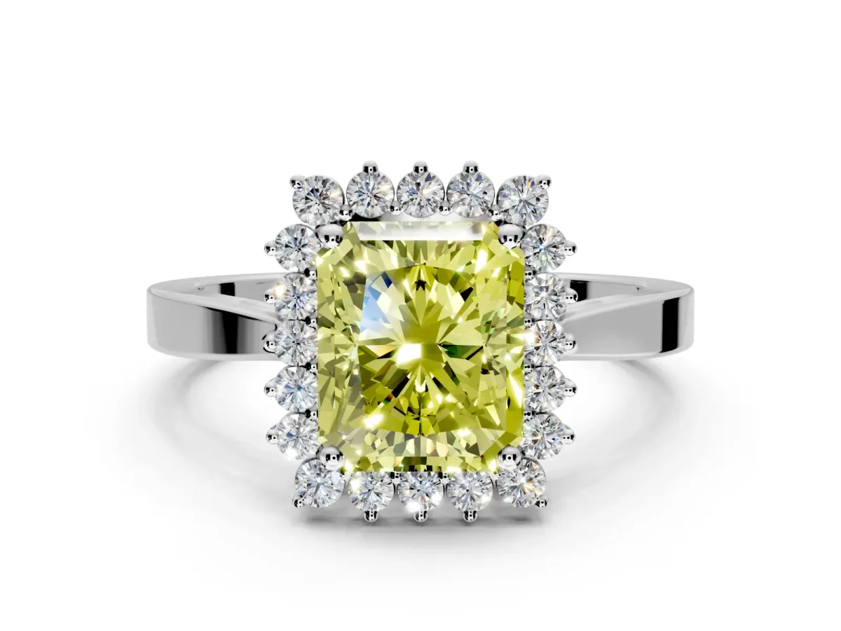 Starburst Halo Engagement Ring Setting for Fancy Yellow Radiant Cut Center with Flat Cathedral Band and Prong Head in Sterling Silver