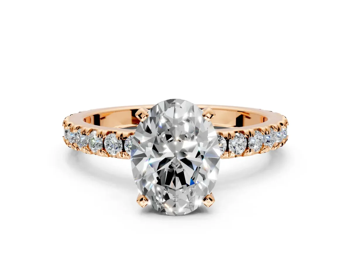 Solitaire Engagement Ring Setting for Oval Center with Fine Pave Band and Claw Prong Head in Rose Gold