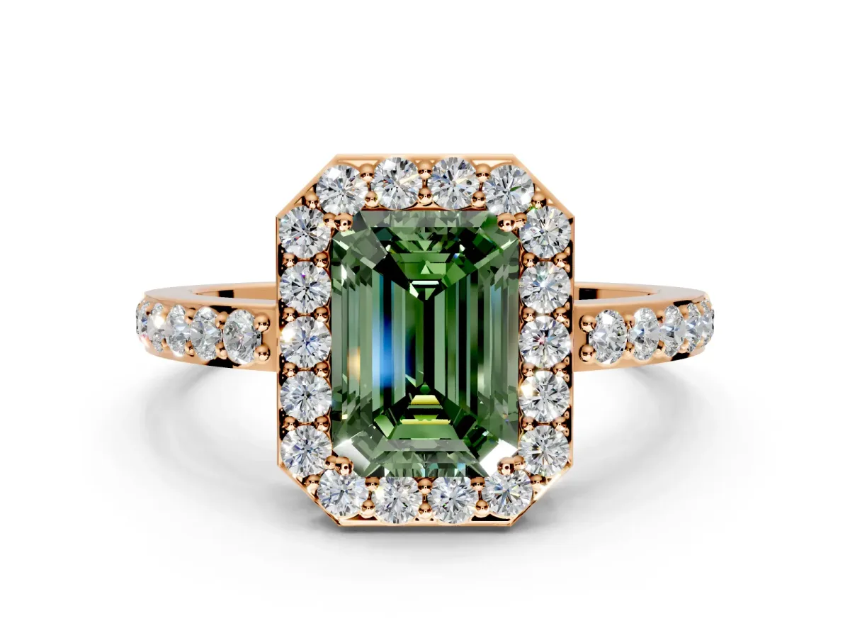 Halo Engagement Ring Setting for Fancy Green Emerald Cut Center with Heart-Shaped Openwork, Pave Band and Prong Head in Rose Gold