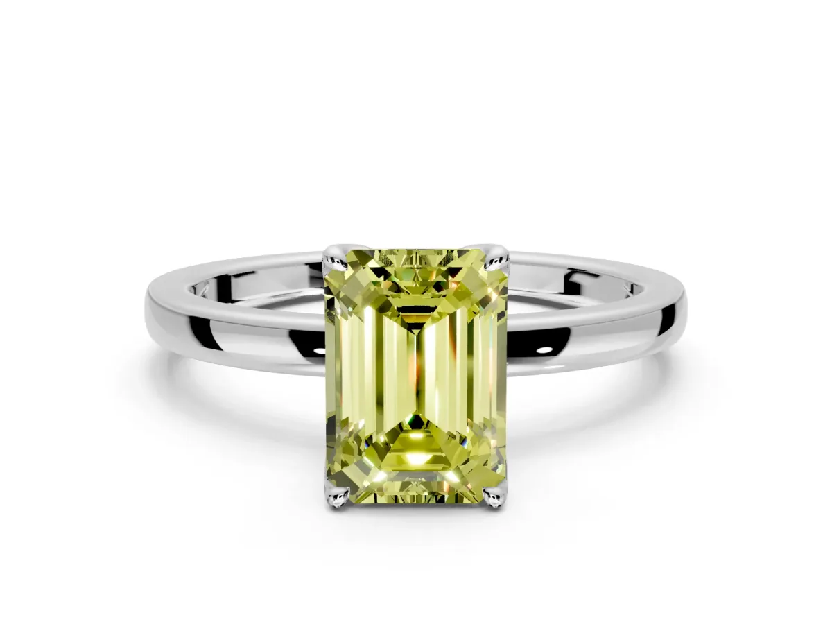 Solitaire Engagement Ring Setting for Fancy Yellow Emerald Cut Center with Thin Rounded Plain Band and Prong Head in Platinum