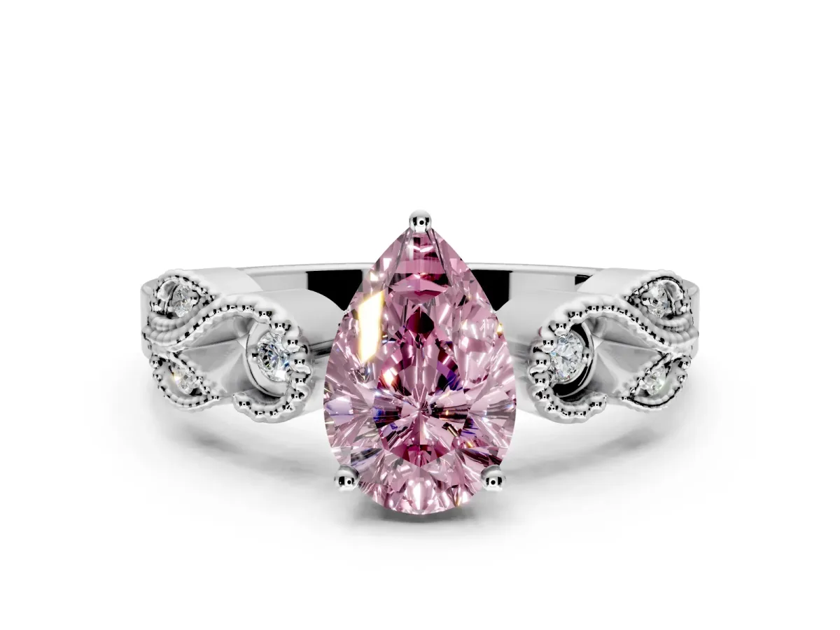 Leaf Engagement Ring Setting for Fancy Pink Pear-Shaped Center with Milgrain Accent Band and Prong Head in Platinum