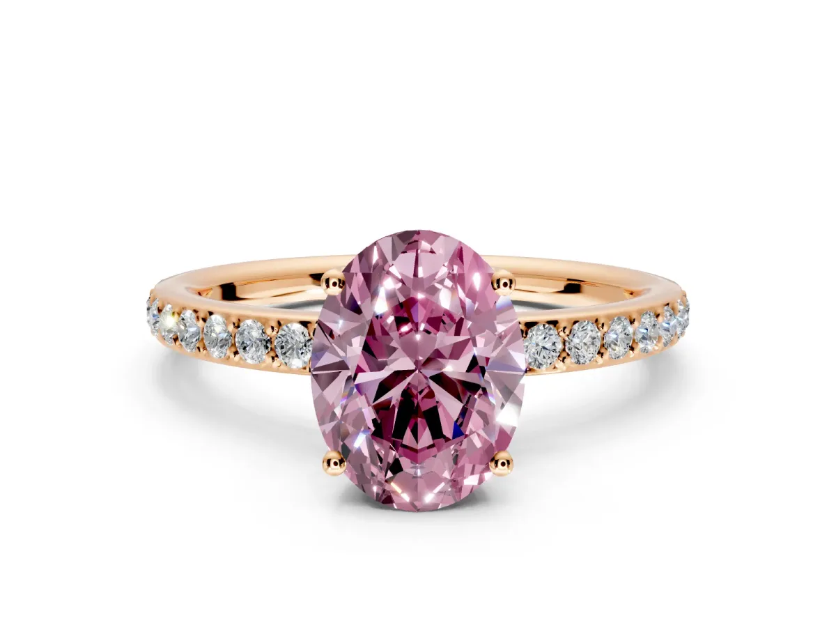 Solitaire Engagement Ring Setting for Fancy Pink Oval Center with Fine Pave Band and Prong Head in Rose Gold