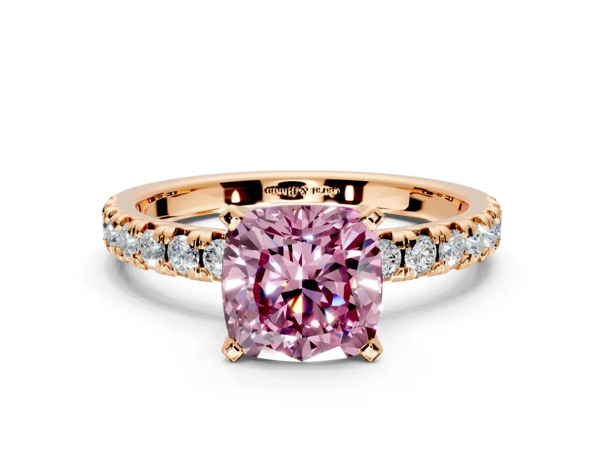 Solitaire Engagement Ring Setting for Fancy Pink Cushion Cut Center with Large Accents and Prong Head in Rose Gold