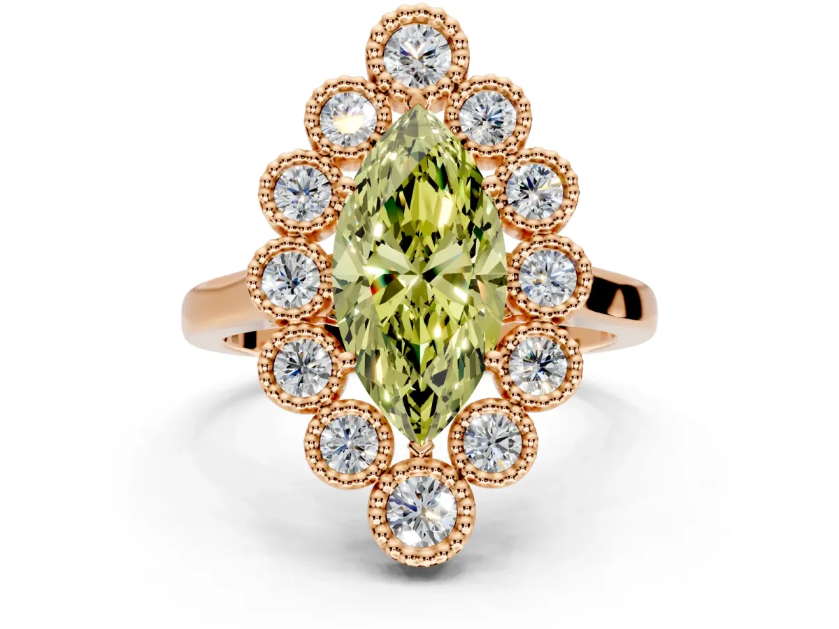 Cluster Halo Engagement Ring Setting for Fancy Yellow Marquise Center with Milgrain Bezel Accents and Prong Head in Rose Gold