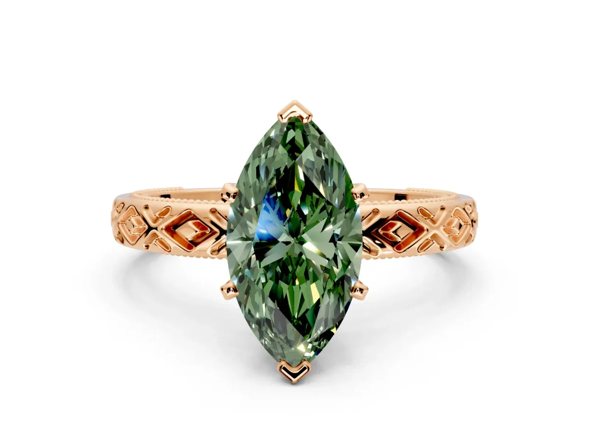 Solitaire Engagement Ring Setting for Fancy Green Marquise Center with Milgrain X Pattern Band and Prong Head in Rose Gold