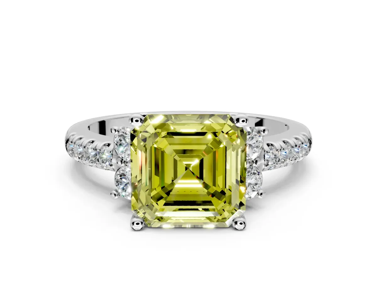 Paired Accent Engagement Ring Setting for Fancy Yellow Asscher Cut Center with Pave Band and Prong Head in Platinum