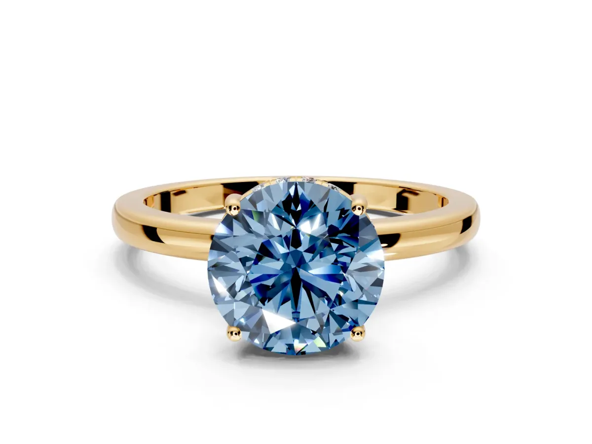 Solitaire Engagement Ring Setting for Fancy Blue Round Cut Center with Fine Wire Band and Prong Head in Yellow Gold