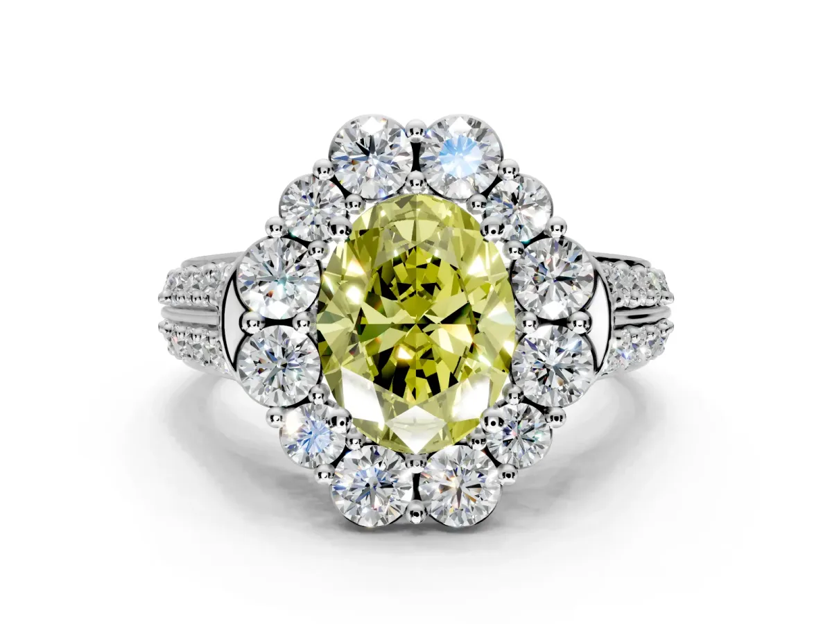 Large Accent Halo Engagement Ring Setting for Fancy Yellow Oval Center with Pave Split Shank and Prong Head in Platinum