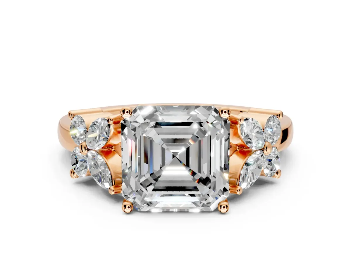 Floral Engagement Ring Setting for Princess Cut Center with Marquise Cluster Shoulders and Prong Head in Rose Gold
