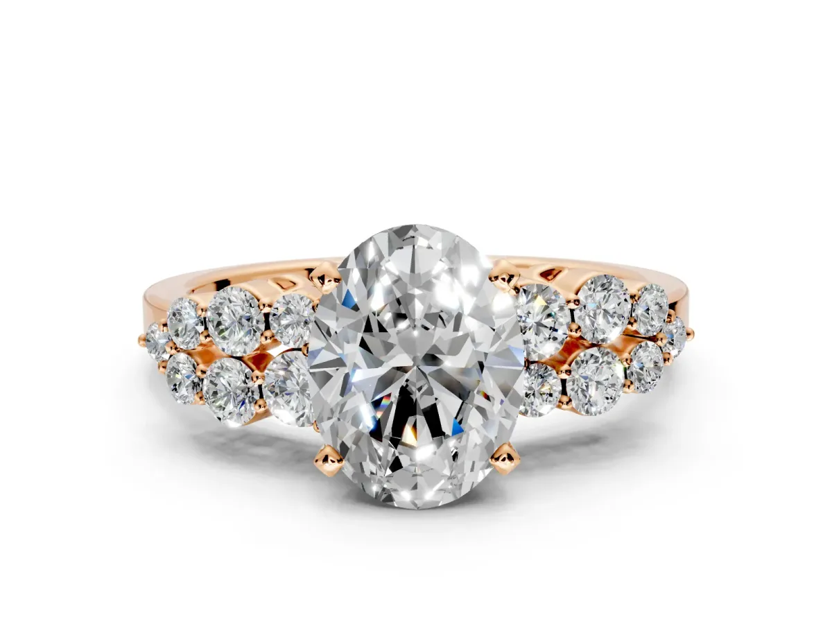 Cluster Engagement Ring Setting for Oval Center with 2-Row Shoulder Clusters and Prong Head in Rose Gold